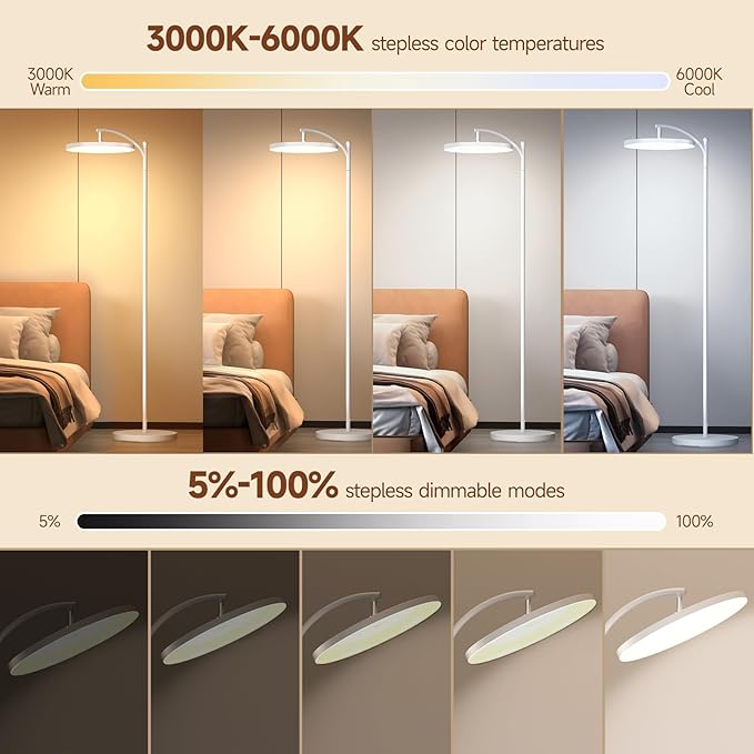 LED Floor Lamp, 32W/3000LM Super Bright Arc Floor Lamp, 3000K-6000K Stepless Dimming, Standing Tall Lamp with Remote Control & Pedal Switch for Living Room Bedroom Office (White)