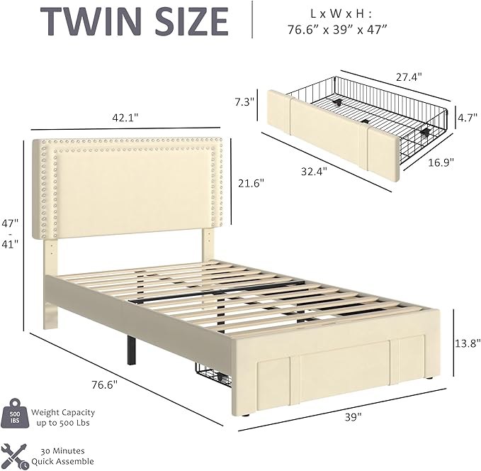 VECELO Twin Platform Bed Frame with Storage Drawer, Adjustable Velvet Rivet Decor Headboard, Wooden Slats Support, No Box Spring Needed, Easy Assembly