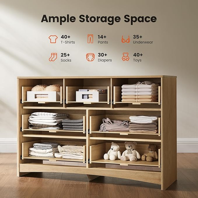 Amada Modern 7 Drawer Dresser, Fluted Wood Chest of Drawers with Rounded Corners, Pre-Installed Drawer Slides, Dresser TV Stand and Storage Organizer for Bedroom or Hallway in Natural Oak