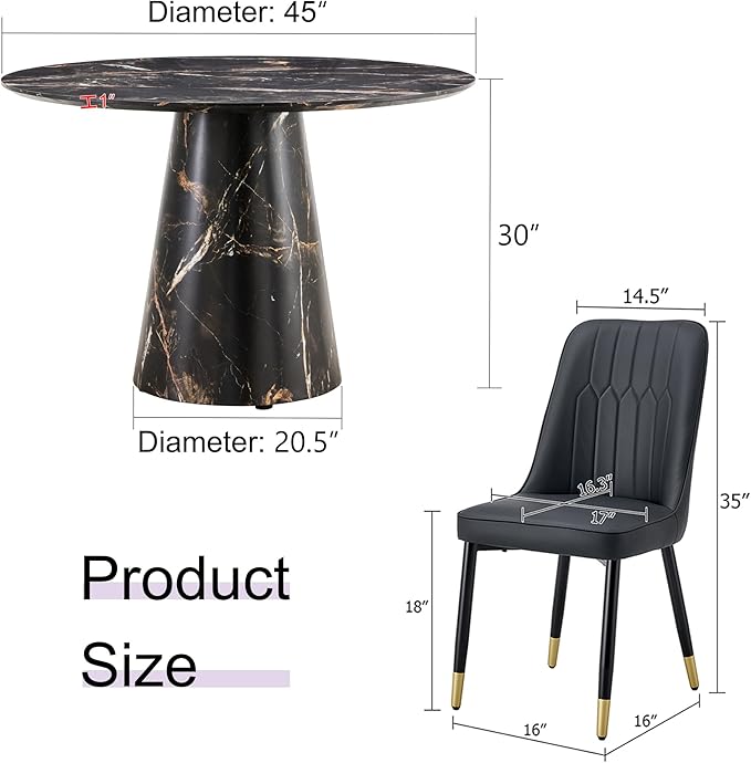 45 Inch Round Dining Table Set for 4, 5 Piece Kitchen Table and Chairs Set, Black Faux Marble Table Top, Small Space Dining Set for Apartment or Dining Room