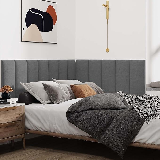 IFNOW Upholstered Wall Mounted Headboard, 3D Soundproof Wall Panels Peel and Stick for King Size, Reusable and Removable Tufted Bed Headboard in Dark Grey (12 Panels, 10" x 24")