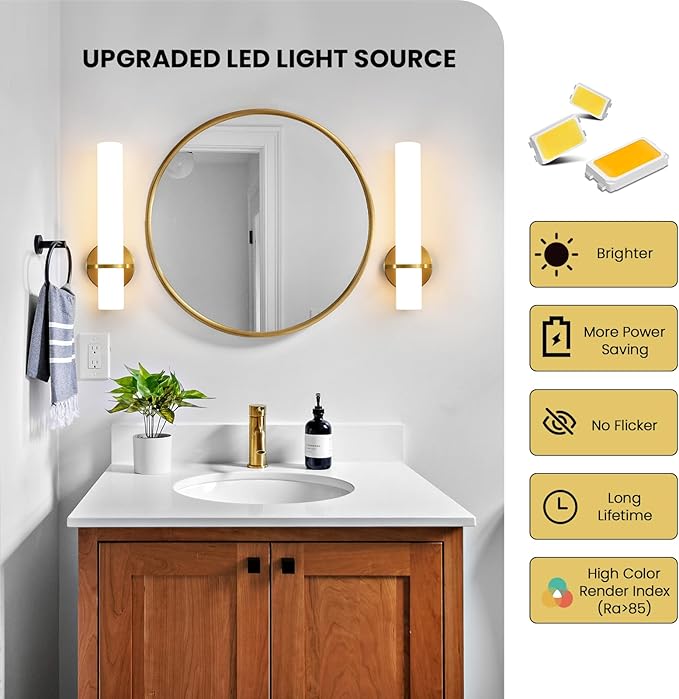 Wall Sconces - 15 inch Gold Wall Sconces Set of Two Modern Bathroom Sconce 15W Dimmable LED Wall Sconce Light with Acrylic Lampshade, Bathroom Vanity Light for Mirror Living Room Hallway 3000K
