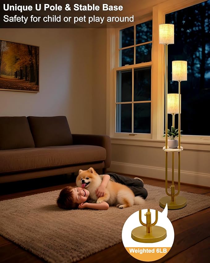 Lightdot Dimmable Floor Lamp for Living Room 3-Light Candle Holder Style Modern Floor Lamps with Table&Linen Beige Shade 3000K Warmwhite Gold Standing Lamp for Bedroom (Bulbs Included)