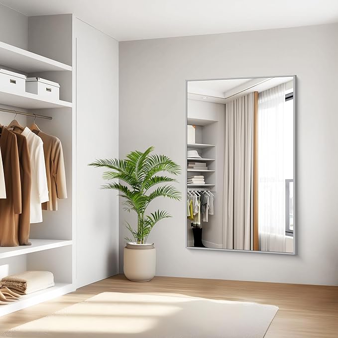 KOCUUY Large Silver Bathroom Mirror, 55x36 inch Rectangular Mirror for Bathroom Sink, Oversized Mirror with Metal Brushed Nickel Frame for Living Room, Farmhouse, Entryway, Hang Horizontal/Vertical