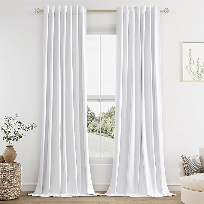 Guken White Linen Blackout Curtains 52 Inch Wide by 114 Inch for Living Room Bedroom Back Tab Thermal Insulated 100% Black Out Linen 2 Drapes Room Darkening Window Curtains White,2 Panels
