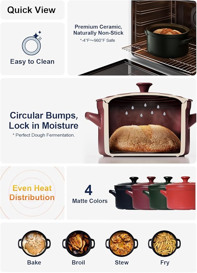 LE TAUCI 3 Quart Ceramic Dutch Oven - Lightweight, Non-Toxic, No Seasoning Needed- Oven, Microwave & Dishwasher Safe, Dutch Oven Pot with Lid for Sourdough, Soup & Stew, Forest Green