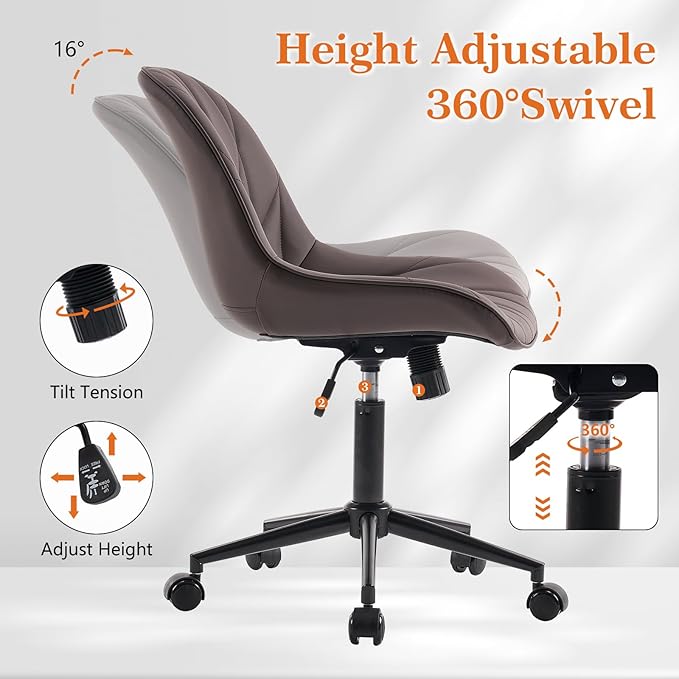 Rowill Modern Office Chair - Ergonomic Swivel Leather Desk Chair with Curved Backrest, Height Adjustable Rolling with Wheels, Perfect for Study Room & Office, Brown