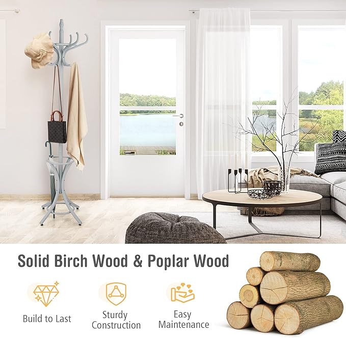 Tangkula 75.5" Standing Coat Rack, Wood Coat Tree with 12 Hooks, Home Hat Jacket Hanger Tree 12 with Umbrella Holder Coat Stand (Grey)