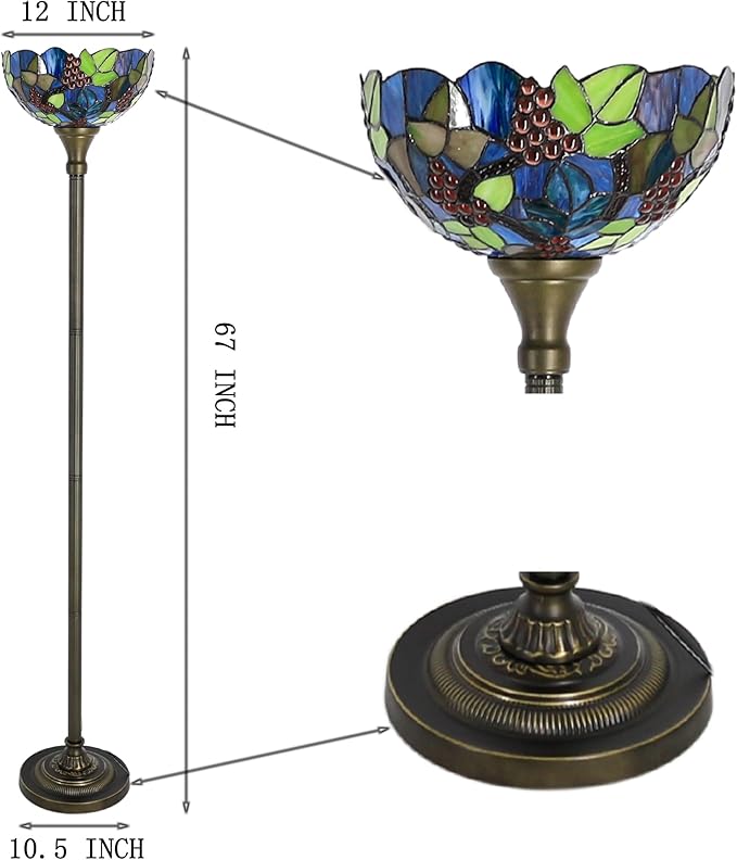 Tiffany Floor Lamp Torchiere Stained Glass Torch Lamp 12X12X67 Inch Antique Standing Corner Light (Amber Grape)