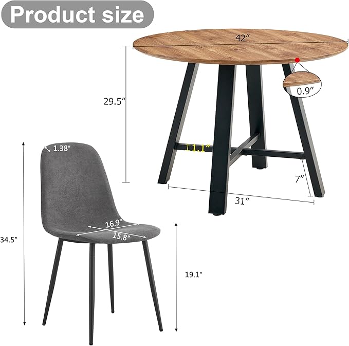 Round Dining Table Set for 4, 42" Kitchen Table with 4 Fabric Chairs, 5-Piece Modern Wood Dining Room Set for Small Space, Office or Kitchen