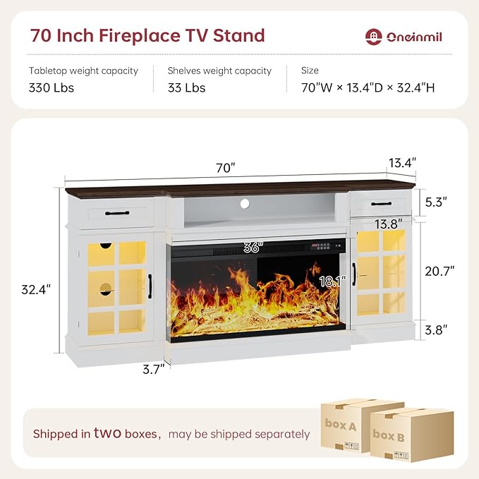 oneinmil 70" Fireplace TV Stand with 3-Sided Glass Electric Fireplace, Farmhouse Wood Entertainment Center with LED Lights, 36" Fire Place TV Stands with Storage Cabinet for Living Room, White