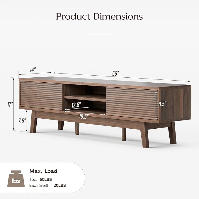 TV Console, Mid Century Modern Media Console for 55/60/65 Inch TV, Low Profile TV Stand with Fluted Sliding Doors, Boho Light Wood Credenza for Living Room (Walnut, 59")