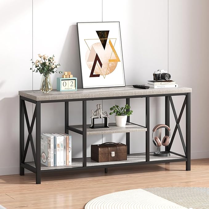 FOLUBAN Modern TV Stand for TVs up to 55 Inch, Rustic Wood Entertainment Center with Storage Shelves, Industrial Media TV Console and TV Table for Living Room Bedroom, 47 Inch Light Grey