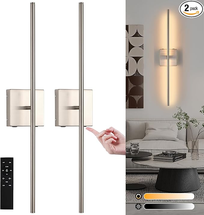 Rechargeable Battery Operated Wall Sconces set of 2, Brushed Nickel Wireless Wall Sconce with Remote Control, 3000K-6000K Dimmable LED Wall Light for Living Room Hallway Bedroom Stairs, 29 Inchs