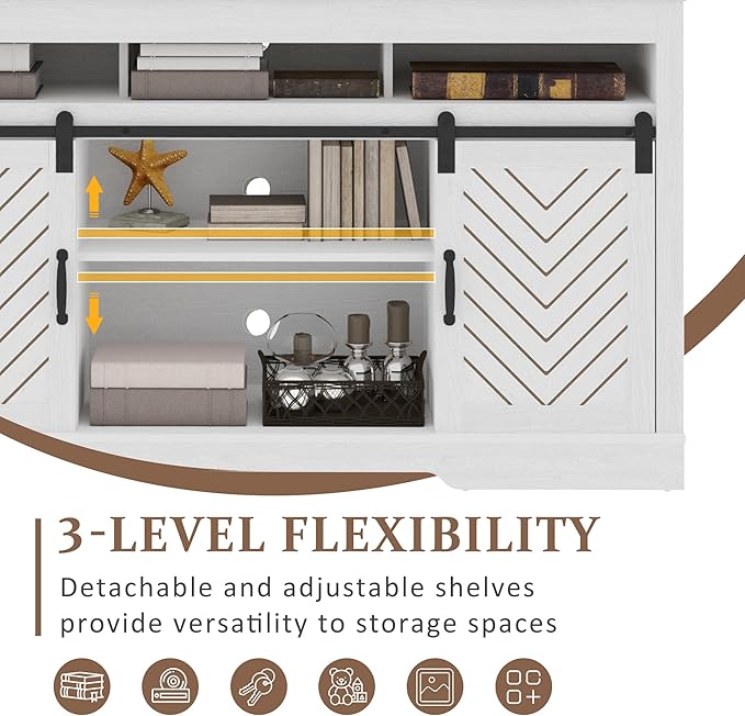 Farmhouse TV Stand for 65+ Inch TV, Tall Entertainment Center with Sliding Barn Doors, Rustic Wood Storage Cabinet Television Media Console for Living Room, Bedroom (Wood-Tone and White)