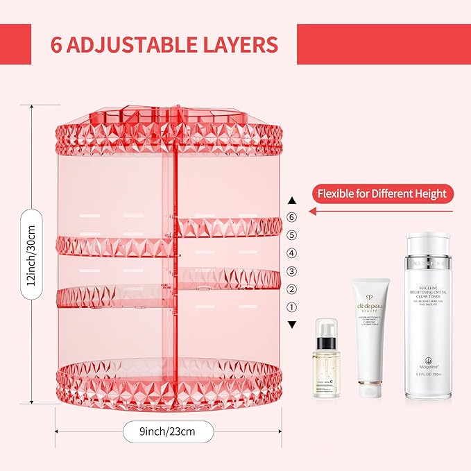 360 Rotating Makeup Organizer, DIY Adjustable Cosmetics Organizer[Patented Product], Professional Acrylic Make Up Caddy Shelf Storage Perfume, Lipsticks, Makeup Brushes or Accessories (Pink)