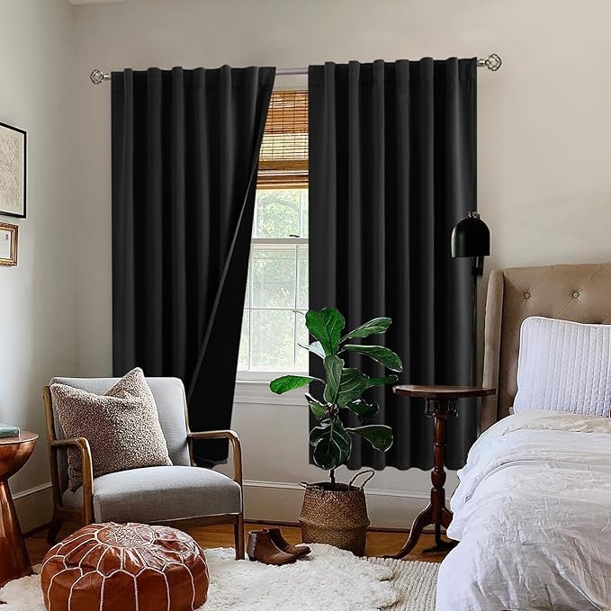BGment Full Blackout Curtains with Liner Thermal Curtains 72 Inches Long, Rod Pocket and Back Tab Double Layer Black Out Privacy Curtains for Bedroom(52 x 72 Inch, 2 Panels, Black)