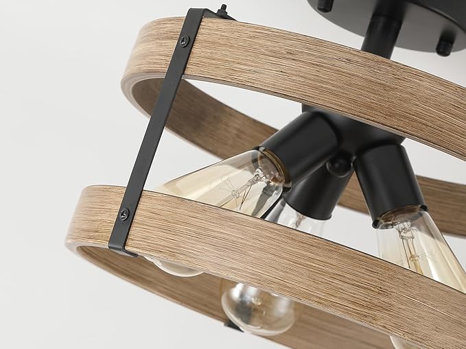 2 Pack 3-Light Rustic Farmhouse Metal Flush Mount Ceiling Light Fixture Wood Grain Metal Round Drum Semi Flush Mount Ceiling Light for Hallway Hall Entry Bedroom Farmhouse Home, Black