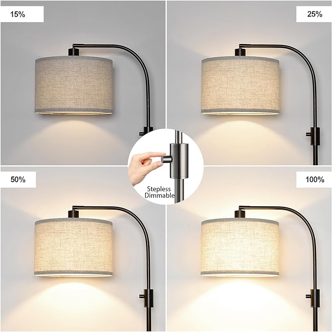 Upgraded Dimmable Floor Lamp, 1200 Lumens LED Bulb Included, Bronw Arc Floor Lamp with Linen Shade for Living Room, Bedroom, Reading Room, Nursery