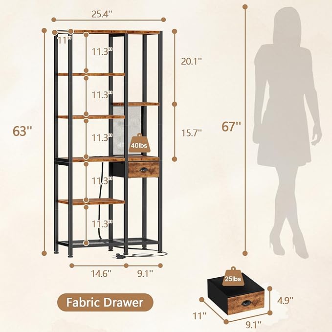 Furologee 6-Tier Bookshelf with Charging Station, Double Display Shelf with Drawer, Tall Freestanding Bookcase, Metal Open Book Shelf for Living Room, Bedroom, Home Office, Rustic Brown