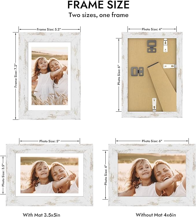 4x6 Picture Frame with Glass, Display Pictures 3.5x5 with Mat or 4 x 6 without Mat - Wall and Tabletop, 4 by 6 Photo Wooden Frames (Distressed White, 1 Pack)