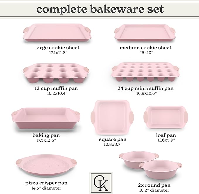 Country Kitchen Nonstick Stackable Bakeware Set - Heavy Duty, Durable, Easy Release Baking Set, Pink, 10 Pcs
