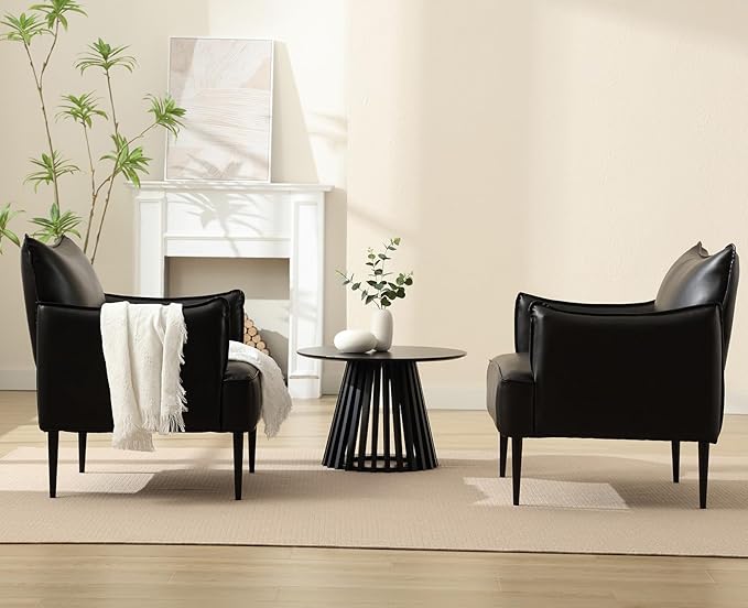 Mid Century Modern Accent Chairs Armchairs Set of 2, Black PU Leather Living Room Chair Sofa Lounge Chair with Metal Legs Reading Chair with Armrest for Bedroom Office Apartment
