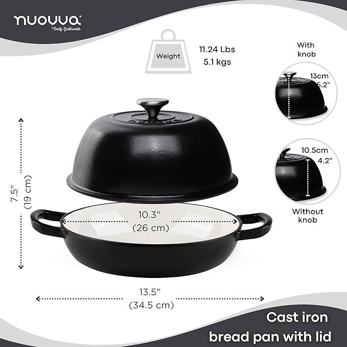 Enamelled Cast Iron Dutch Oven Pot – Dutch Oven For Sourdough Bread Baking – Cast Iron Bread Pot – Black, 6 Quarts, 22cm – by Nuovva
