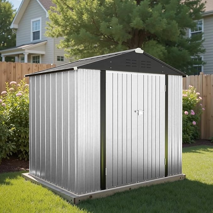 Greesum 8×6FT Outdoor Storage Shed, Metal Patio Storaged Sheds with Lockable Doors, Sheds & Outdoor Storage for Bike, Backyard, Pool and Garden, White