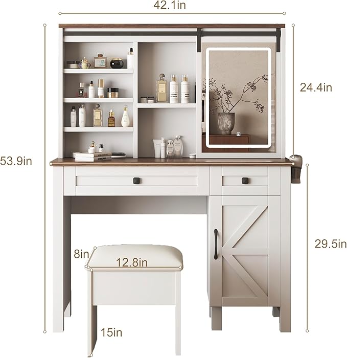 Vanity Desk and Chair Set with Sliding Mirror and Lights, 42" Glass Top White Vanity with Power Outlet, Makeup Vanity Table with 3 Color Modes Adjustable Brightness, Dressing Table for Bedroom
