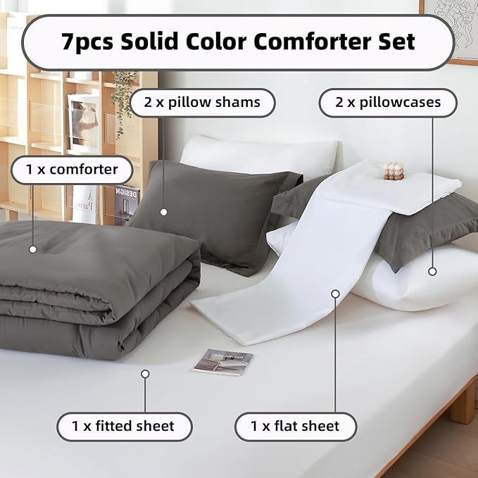 weigelia Queen Comforter Set 7 Pieces Bed Comforter Set Dark Grey Comforter Queen Size Soft Microfiber Comforter with Fitted Sheets, Flat Sheets, Pillow Shams, and Pillowcases
