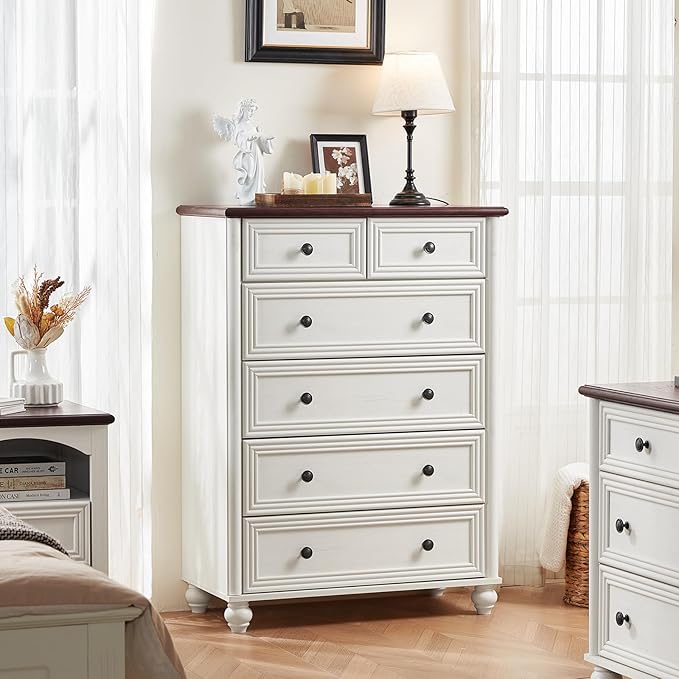 Farmhouse 6 Drawer Dresser, Chest of Drawers for Bedroom, 43.5" Tall Wood White Kids Dresser with Roman Column and Metal Handles, Storage Dressers Organizer for Living Room, Hallway, Closet