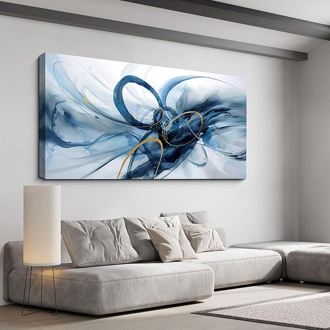 XLSJERST Extra Large Canvas Wall Art - Modern Abstract Abstract Wall Art for Living Room Wall Decor Blue and White Picture Artwork for Living Room Office Bedroom Home Decoration