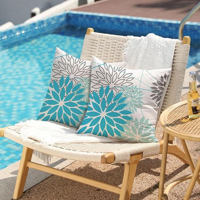 DFXSZ Outdoor Waterproof Summer Pillow Covers 18x18 Set of 2 Blue Floral Decorative Pillowcase for Patio Furniture 01S18