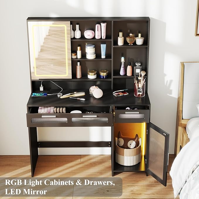 Hadulcet Makeup Vanity Desk with LED Lights Mirror, 43" Black Vanity Desk with Mirror and Lights, Sliding Mirror & RGB Drawers, Power Outlet, Dressing Table for Women Girls Bedroom