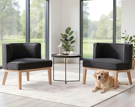 Barrel Chairs Set of 2 Mid Century Modern Accent Chair with Wooden Legs Upholstered Reading Arm Linen Fabric Waiting Room Round Side Chairs for Small Spaces Living Room Bedroom Office, Charcoal