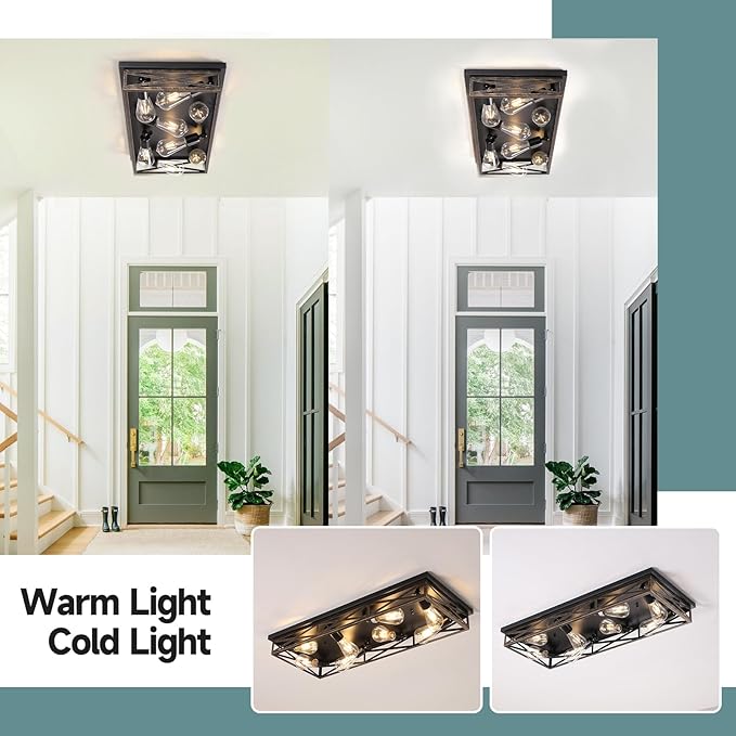 Rustic Flush Mount Ceiling Light Fixtures for Hallway, 8-Light Kitchen Light Fixtures,31" Industrial Metal Cage Ceiling Light for Farmhouse,Kitchen,Hallway E26 Base(1 Pack)