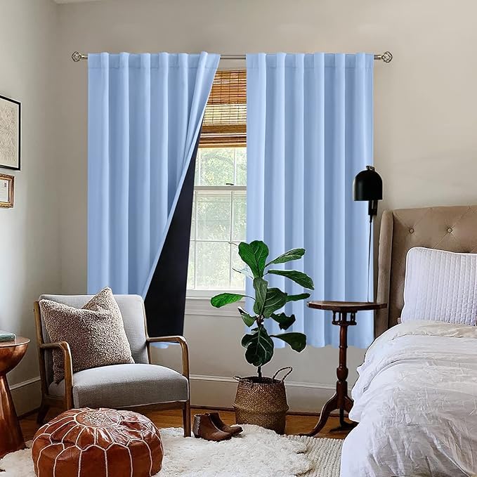 BGment Full Blackout Curtains with Thermal Insulation Liner Curtains 63 Inches Long, Rod Pocket and Back Tab Double Layer Room Darkening Window Curtain for Bedroom(52 x 63 Inch, 2 Panels, Light Blue)
