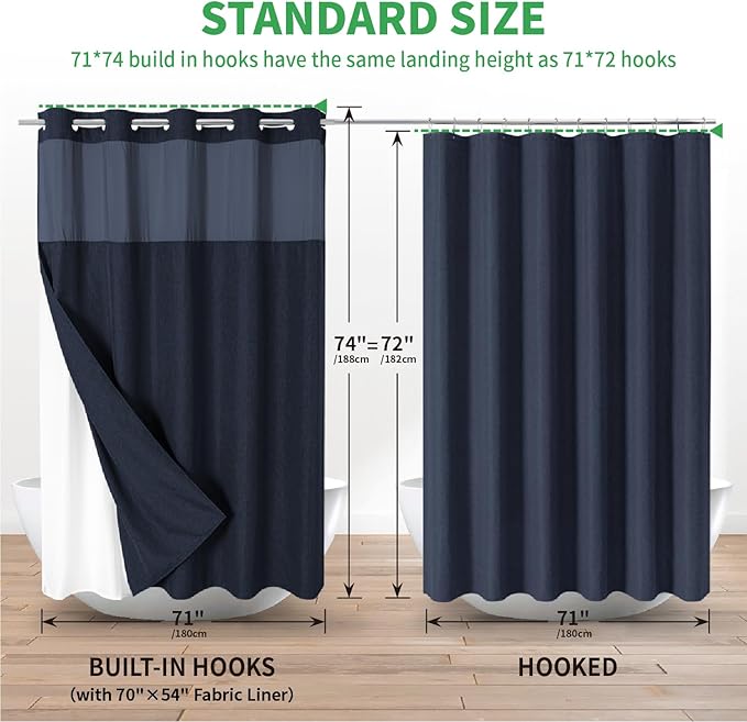 No Hooks Needed Linen Textured Shower Curtain with Snap-in Fabric Liner Set,Hotel Luxury Decor Waterproof Shower Curtains for Bathroom with Mesh Top Window,Washable,71Wx74H,Navy Blue