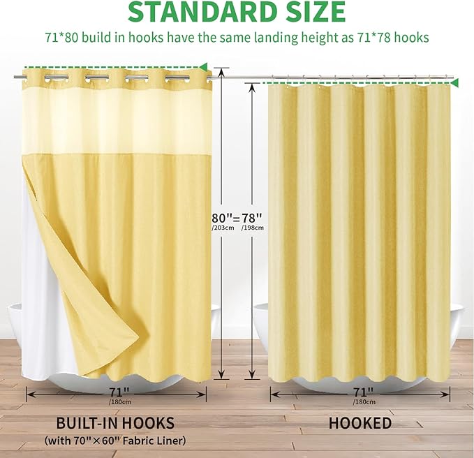 Long No Hooks Needed Linen Textured Shower Curtain with Snap-in Fabric Liner Set,Hotel Luxury Decor Shower Curtains for Bathroom,Waterproof & Washable,71Wx80H,Gold