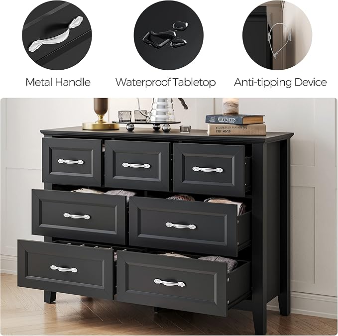 LINSY HOME Black Dresser for Bedroom, Long Dresser with 7 Drawers, Wood Chest of Drawers with Metal Handles, Ideal for Living Room, Entryway and Hallway