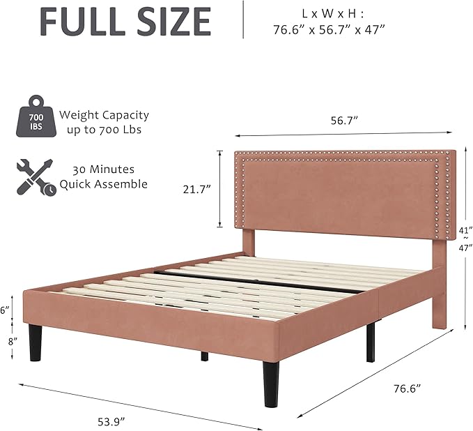 VECELO Full Size Bed Frame with Adjustable Upholstered Headboard, Wooden Slats Platform, Noise-Free Design, Easy Assembly