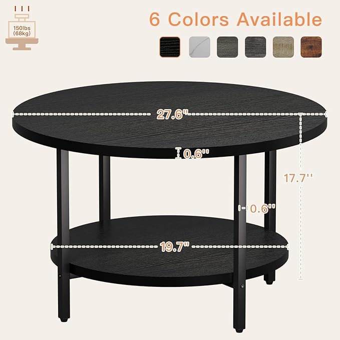 Coffee Table, 2 Tier Coffee Tables for Living Room, Round Coffee Table with Storage, Floor Table for Bedroom, Home Office, Black (27.6" D x 17.7" H)