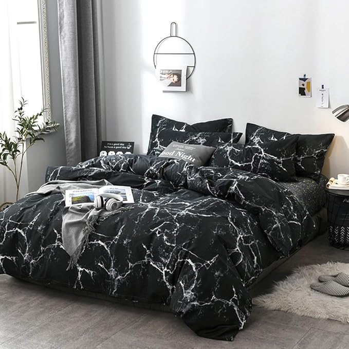 CLOTHKNOW King Size Comforter Set Black Grey White Marble Bedding Comforter Sets All Season Black Comforter Abstract Comforter with 2 x Pillow Cases