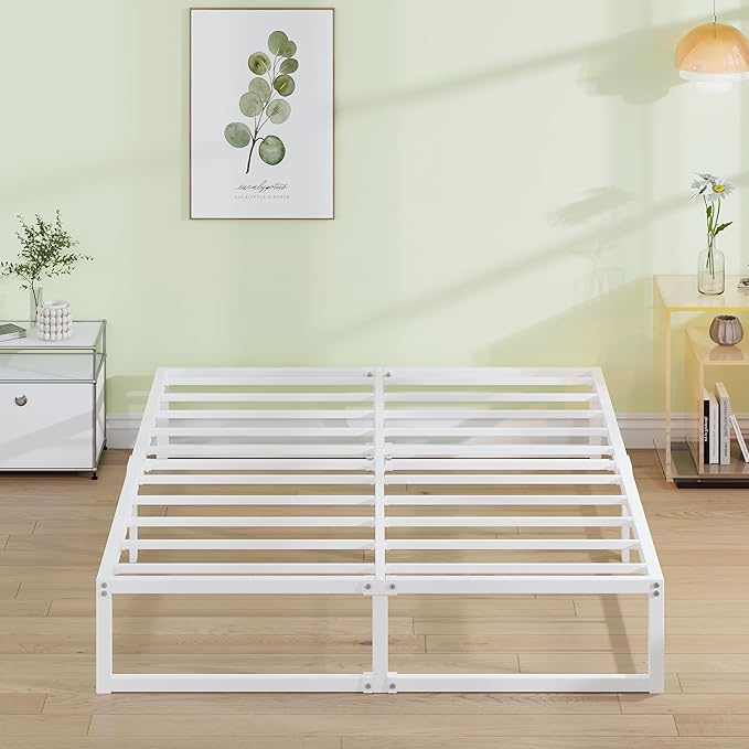 EMODA 12 Inch White Queen Bed Frame, Metal Queen Platform Bed Frame No Box Spring Needed, Heavy Duty Steel Slats Support, Easy Assembly, Noise Free