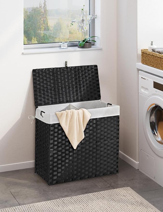 Greenstell Laundry Hamper with lid, No Install Needed, 130L Wicker Laundry Baskets Foldable 2 Removable Liner Bags, 2 Section Clothes Hamper Handwoven Rattan Laundry Basket with Handles, Black