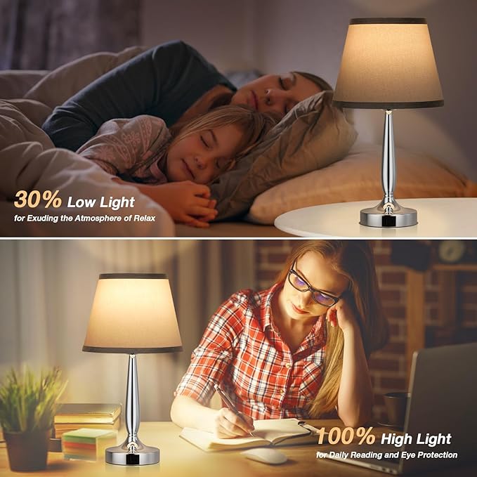 Kakanuo Touch Table Lamp for Bedroom, Small Bedside Lamp with USB C Charging Port, 3 Way Dimmable Touch Control Nightstand Lamp for Living Room and Office, Gray Shade and Silver Base