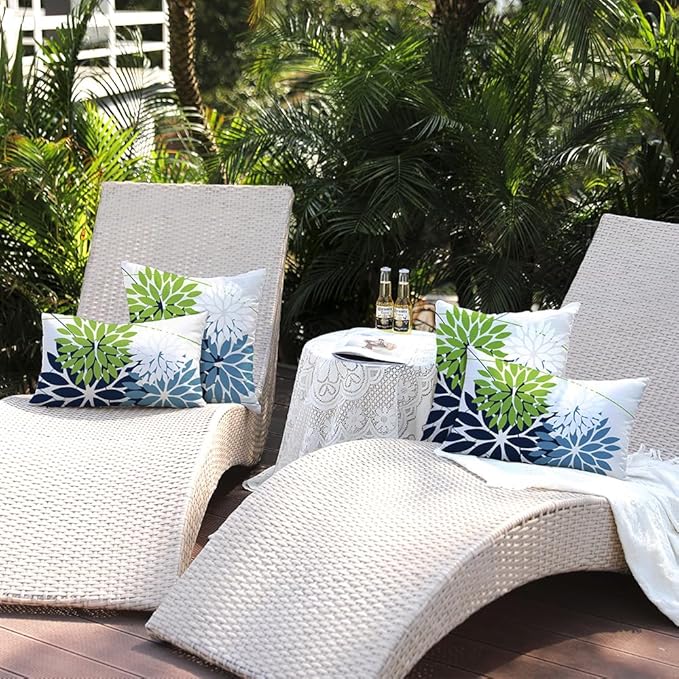 DFXSZ Outdoor Throw Pillow Covers 12x20 Inch Set of 2 Waterproof Spring Summer Geometric Elegant Blue Green Outdoor Pillow Covers for Patio Funiture Garden Couch 158Y12