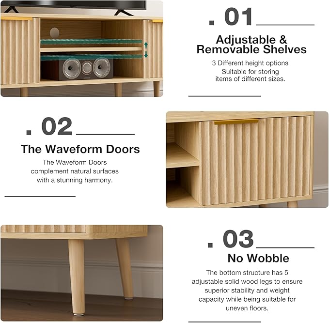 TV Stand for Living Room, Boho Entertainment Center for 55/60/65 inch TVs, Media Console with Fluted Door Cabinets and Open Shelves, for Bedroom, Oak