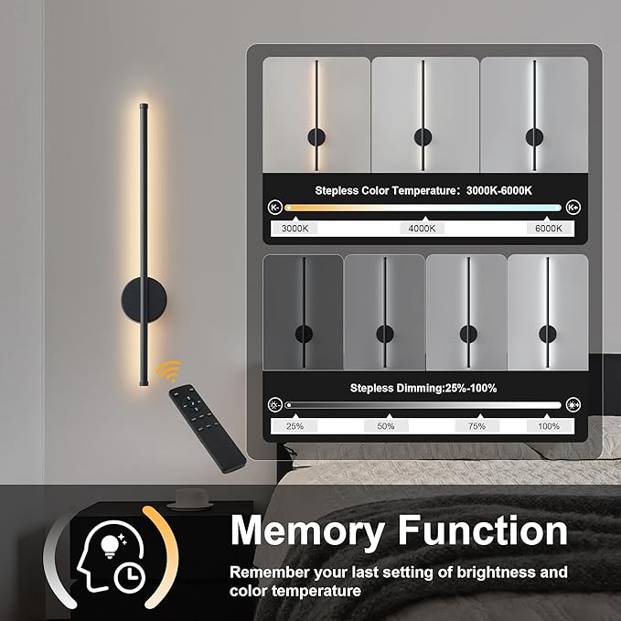 Battery Operated Modern Wall Sconces, Dimmable Wireless Wall Light Set of Two with Remote Control, 3 Color Temperatures, Rechargeable LED Wall Sconce for Bedroom, Living Room, Hallway, 27.6 Inch Black